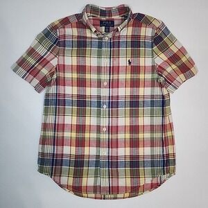 Polo Ralph Lauren Boys Button Down Shirt 14/16 Blue Red Plaid Short Sleeves Pony